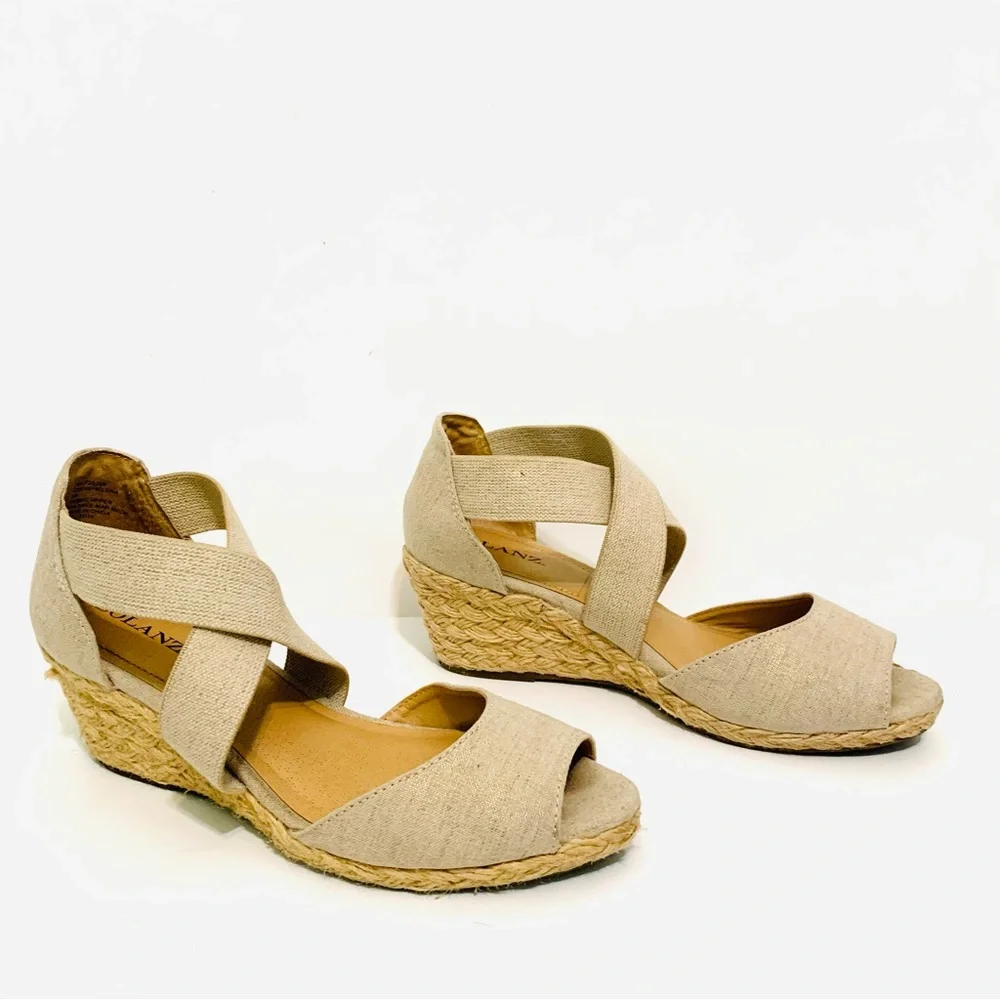 Solanz Tan Metallic Gold Helena Espadrilles With Elastic Straps Size 9 Summer